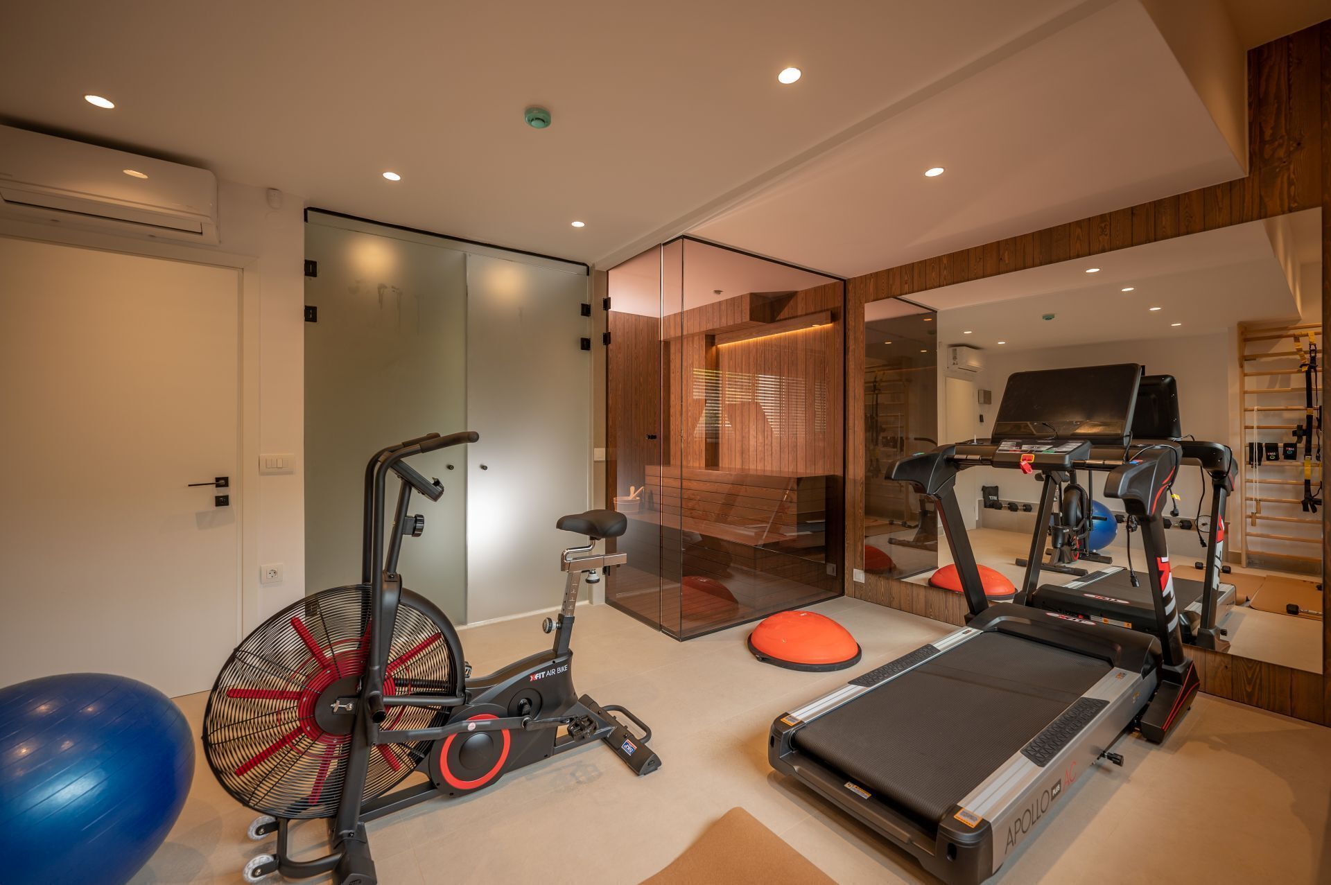 Un gimnasio en casa con cinta de correr, bicicleta estática y pelota de ejercicios.