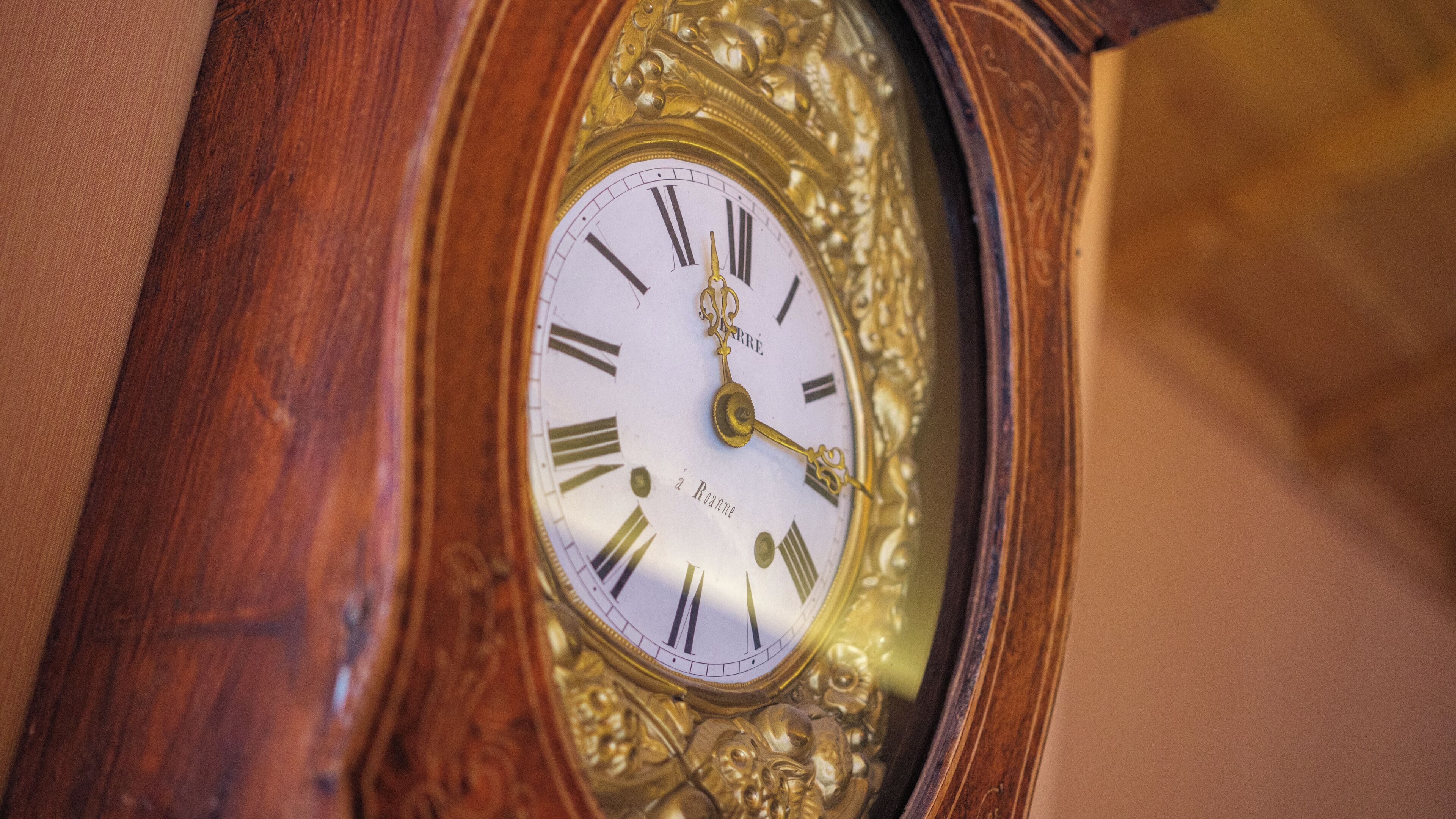A close-up of an ornate clock with Roman numerals and the word "La Roanne" on its face.