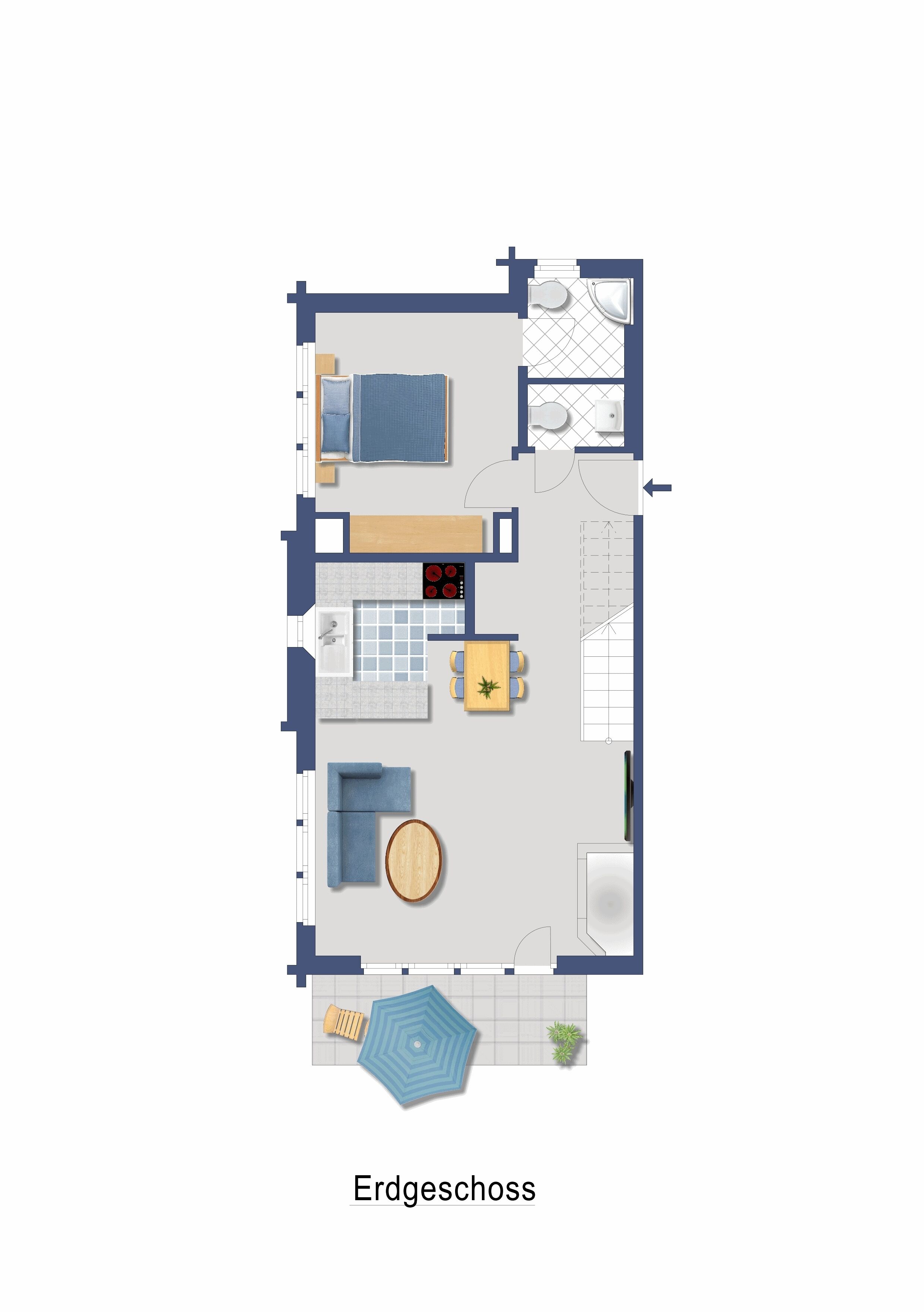 A top-down view of a hotel room layout with a bed, a sitting area with a table and chairs, a kitchen area, and a bathroom.