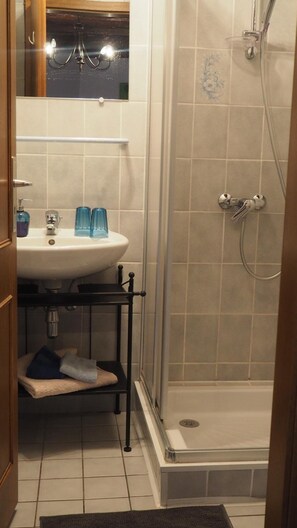 A bathroom with a sink, mirror, and shower.