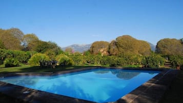 Alberca al aire libre, sombrillas en la alberca y camastros