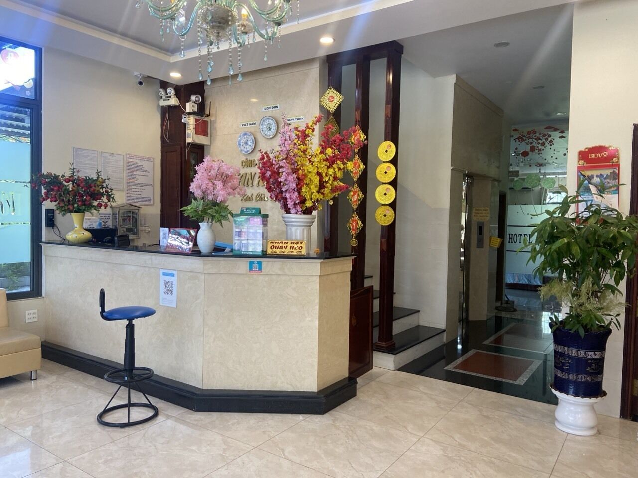 Zona de recepción de un hotel con mostrador, una silla azul y una planta en maceta.