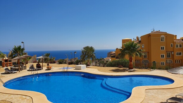 Una piscina de borde curvo, rodeada de sillas de descanso y sombrillas, con vista al mar y edificios al fondo.