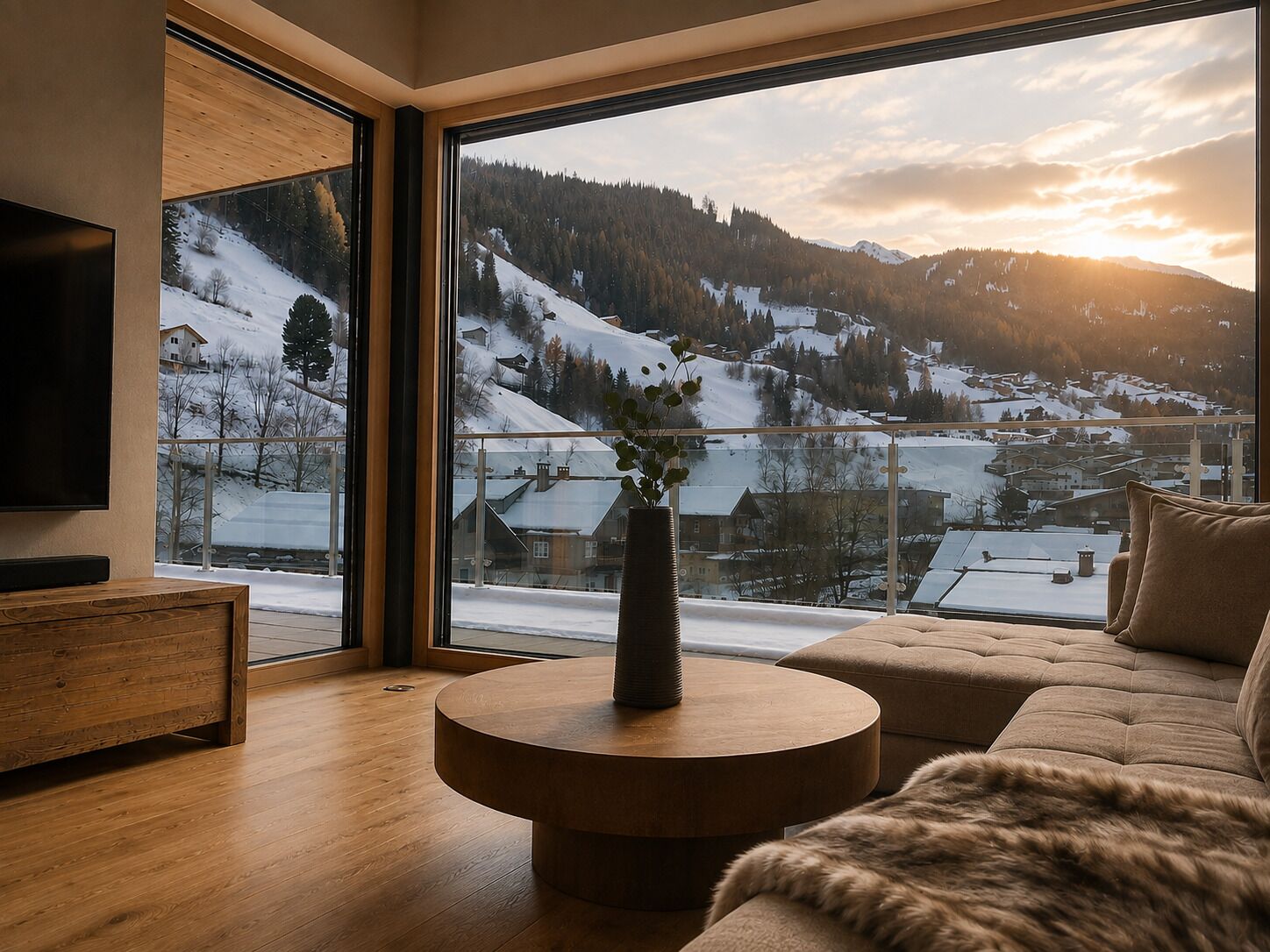 Ein modernes Wohnzimmer mit großem Fenster, einem runden Holztisch und einer Couch mit Felldecke.