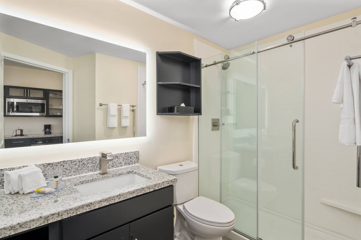 Une salle de bain moderne dotée d’un plan de toilette en granit, de toilettes, d’une douche à parois de verre et d’un miroir avec une étagère noire.