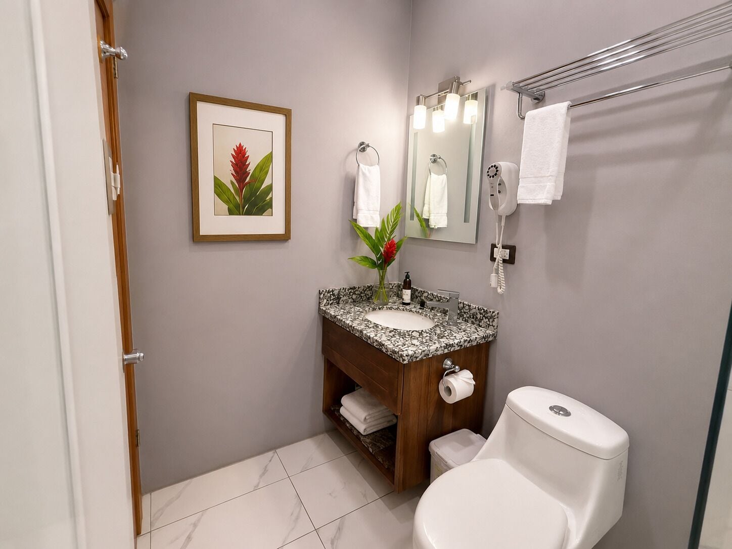 A bathroom with a marble sink, a toilet, a framed plant, a towel rack, and a mirror with lights.
