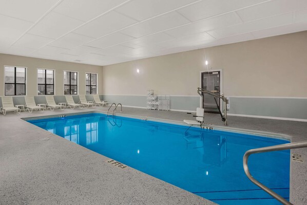 Indoor pool, open 11:00 AM to 10:00 PM, pool loungers
