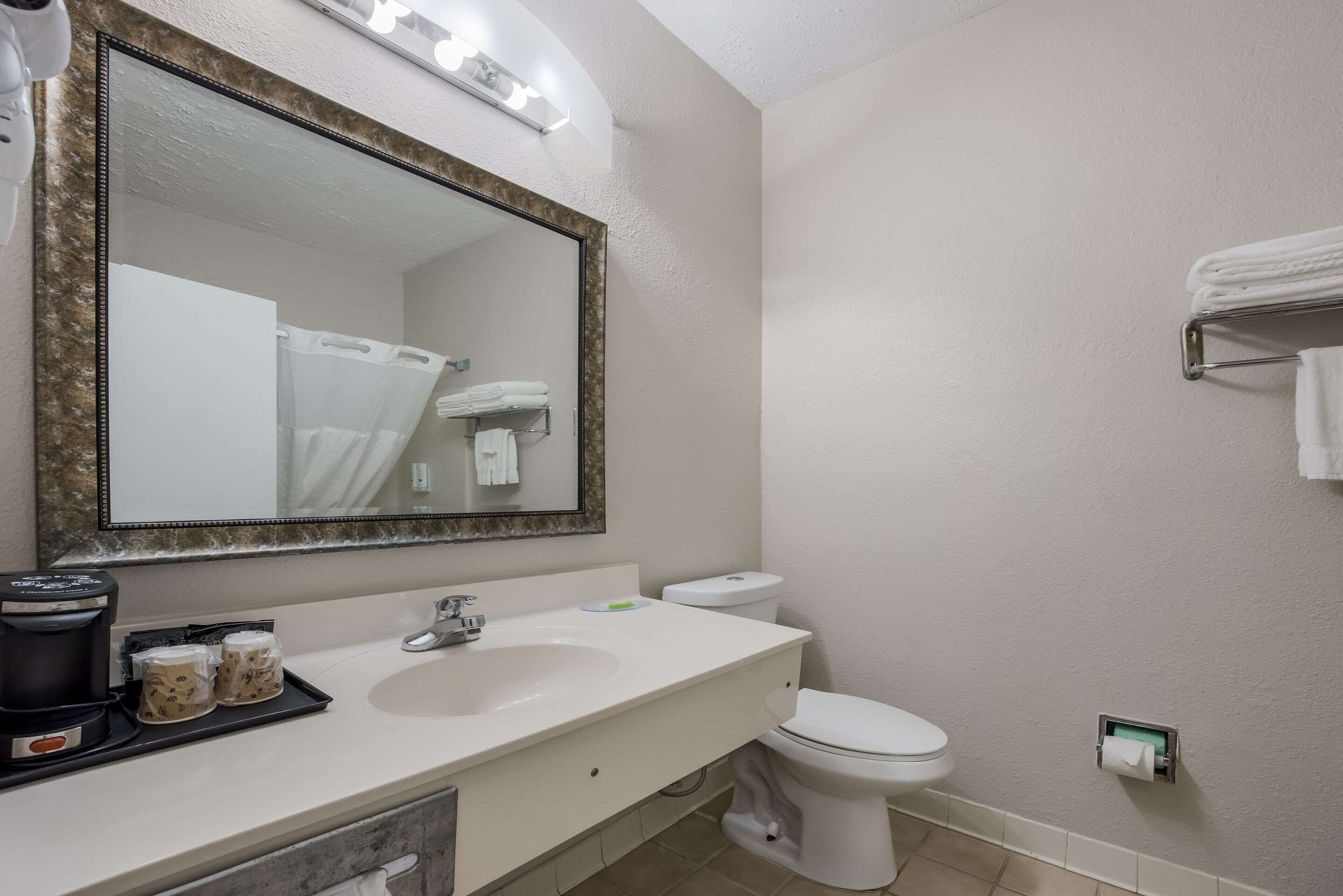 Un baño con un espejo grande, lavamanos, inodoro y toallero.