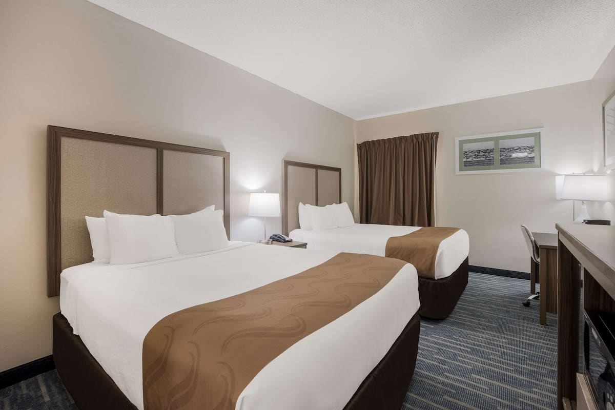Room, 2 Double Beds, Accessible, Non Smoking | Desk, laptop workspace, blackout drapes, soundproofing