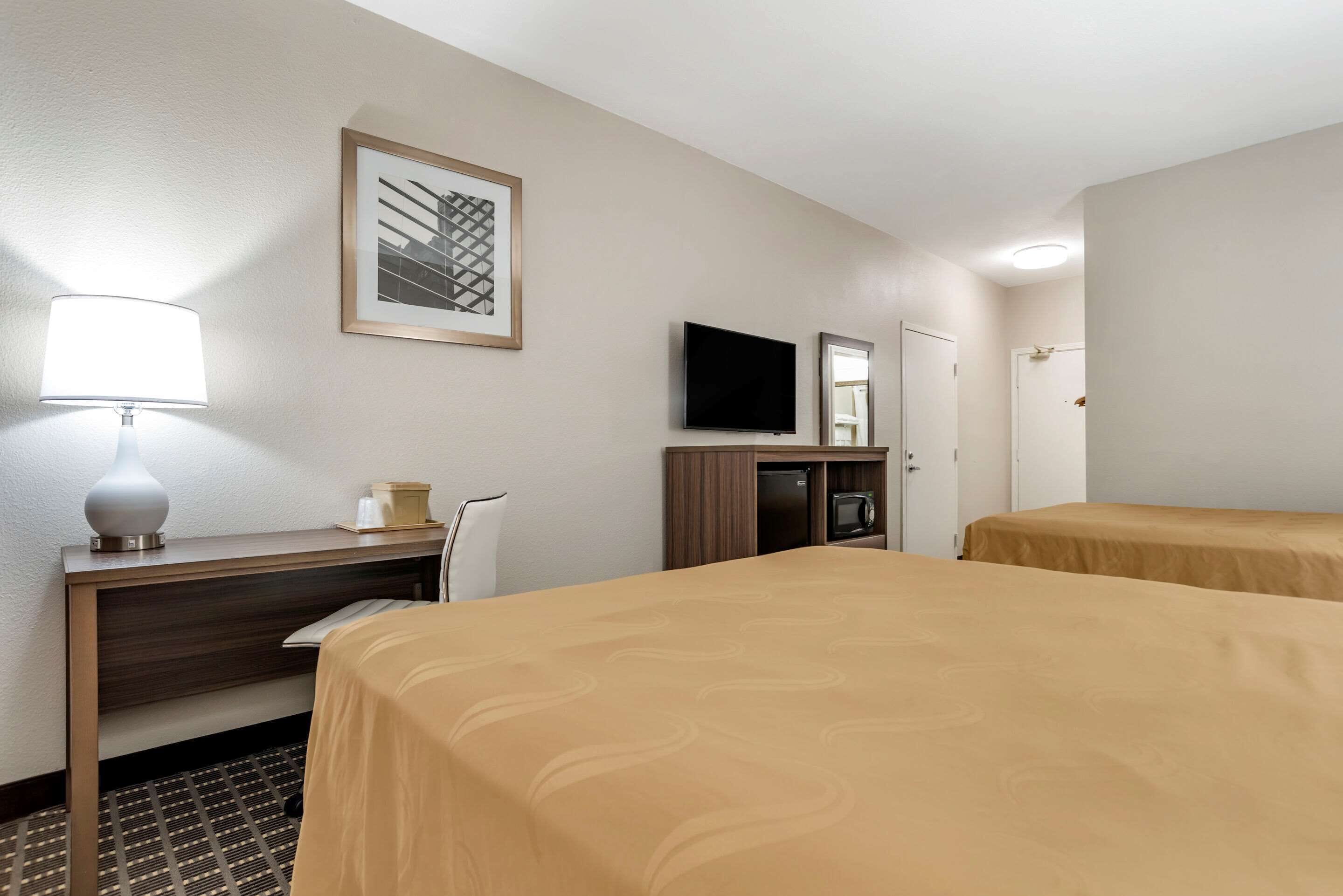 A hotel room with two beds, a desk with a lamp, a television, a microwave, and a framed picture on the wall.