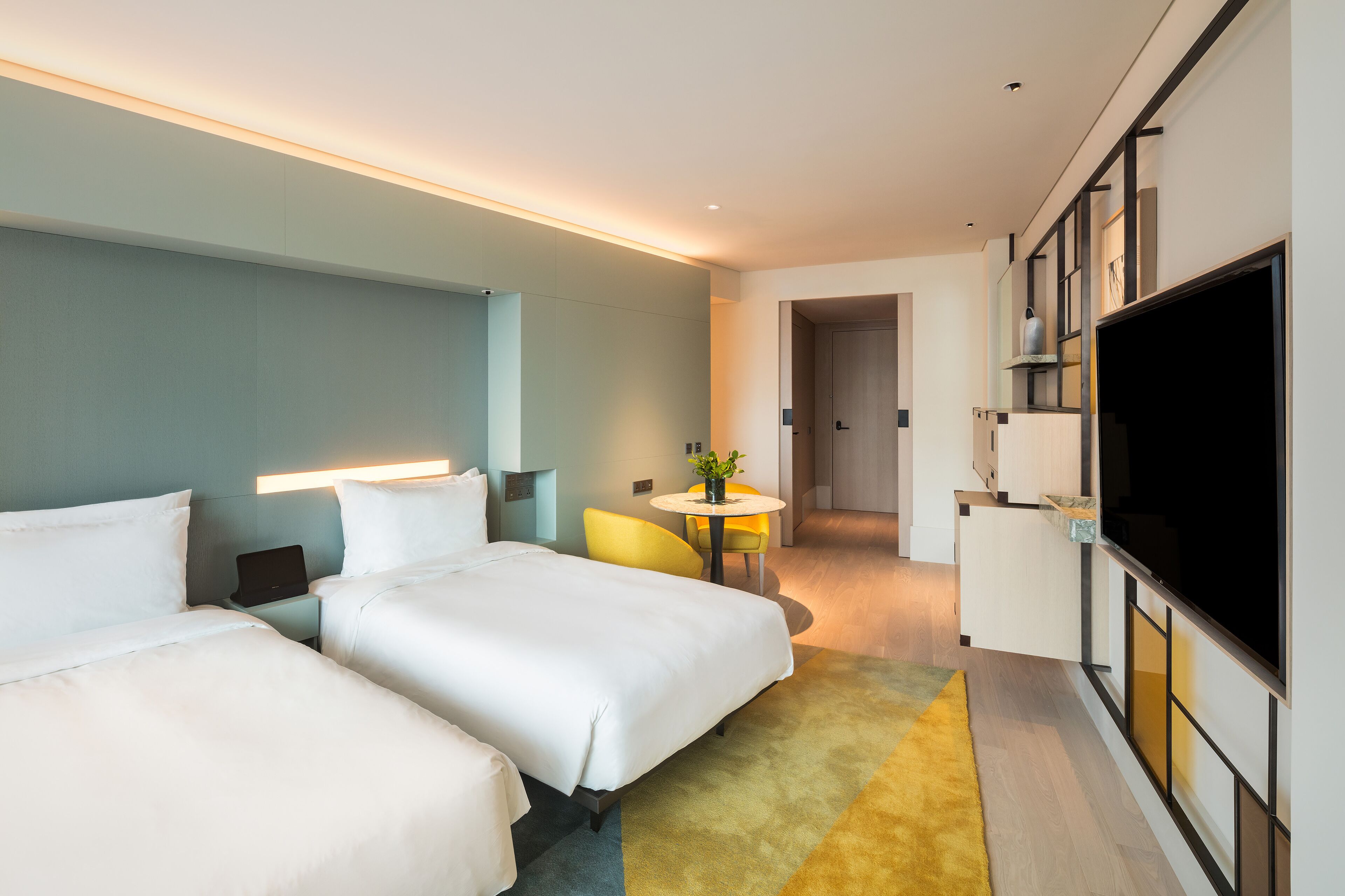 Habitación de hotel con dos camas, una mesita con una planta, televisor y un escritorio con silla.