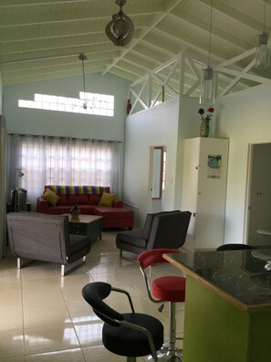 Amplia sala de estar con techo alto, un sofá rojo, un sillón negro y una barra verde.