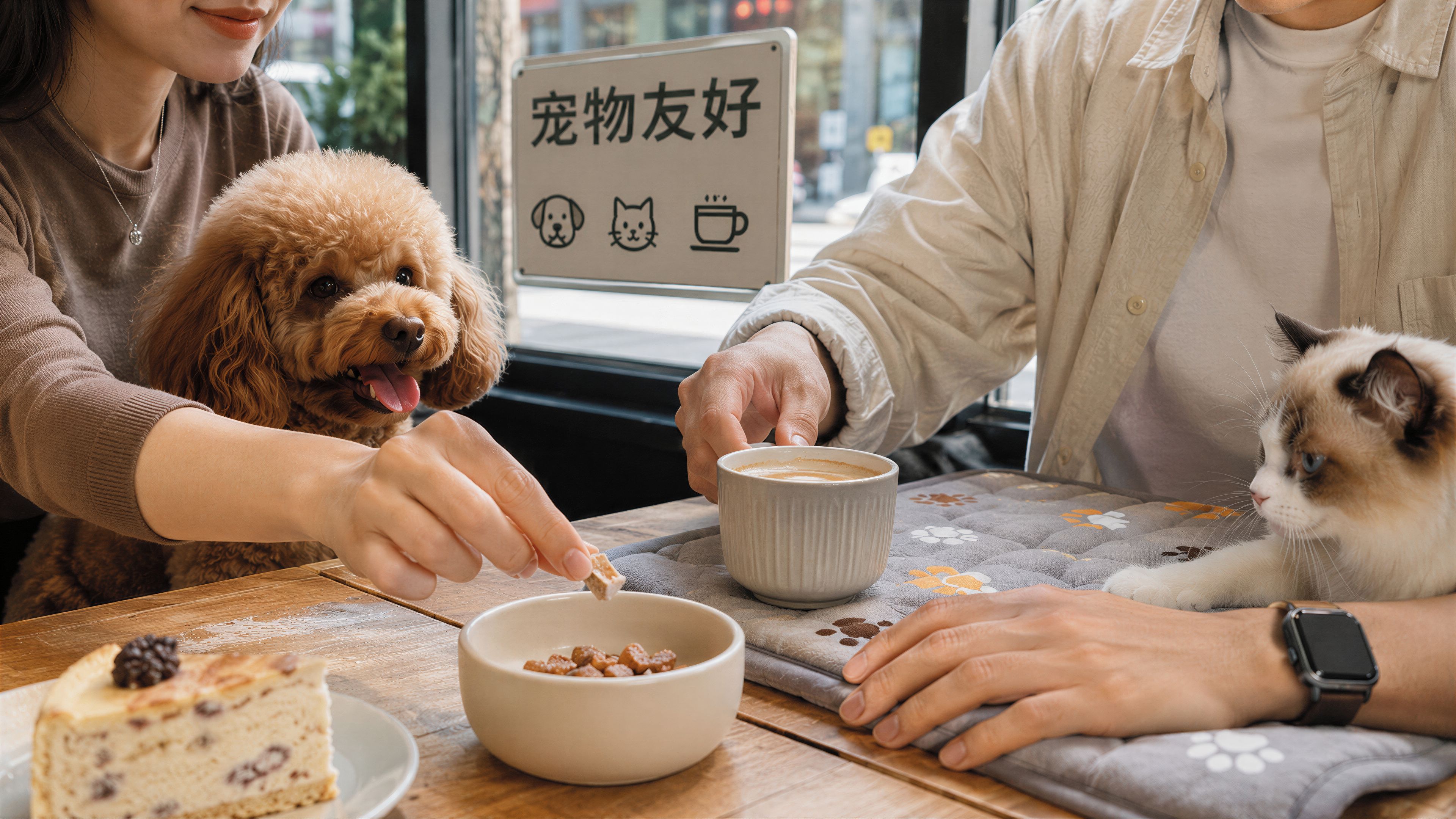 Een persoon geeft een hond en een kat eten aan een tafel, met een bord waarop staat dat huisdieren welkom zijn.