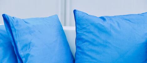Gros plan sur deux coussins bleus sur un fond blanc.