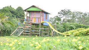 Une maison de jeu en bois aux couleurs vives, dotée d’un toboggan et d’une zone d’escalade, entourée d’une végétation luxuriante et de fleurs jaunes.