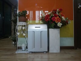 Una habitación con un electrodoméstico blanco, una planta en maceta y un gran arreglo floral.