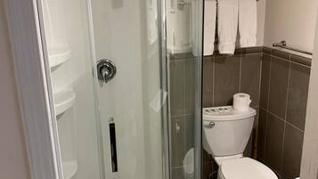 A glass-enclosed shower stall with a toilet and towel rack in a bathroom.
