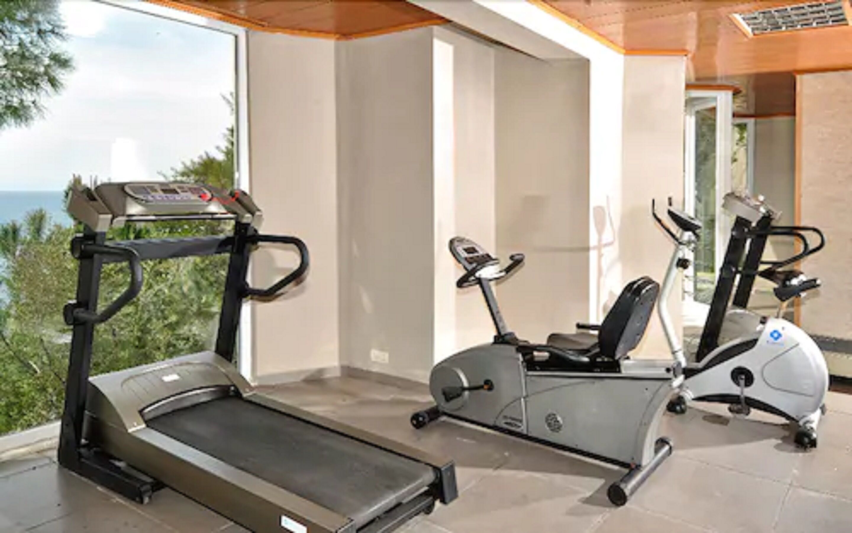 Une salle de sport équipée de tapis de course et d’un appareil elliptique, de grandes fenêtres offrant une vue sur l’océan et un aménagement intérieur moderne.