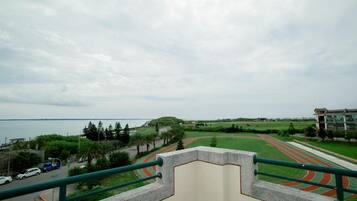 A view from a balcony overlooking a track field with a body of water in the background.