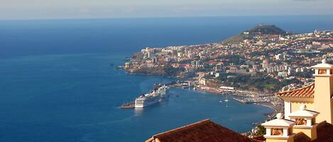 A coastal cityscape with a prominent hill, a harbor with boats, and buildings with red-tiled roofs.
