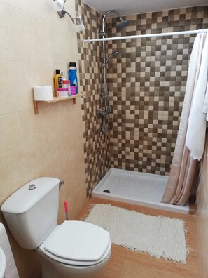 Separate bathtub and shower, free toiletries, hair dryer, towels