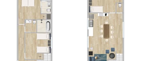 A two-floor layout with a ground floor bedroom, bathroom, and kitchen, and a second floor living area with a sofa, table, and TV.