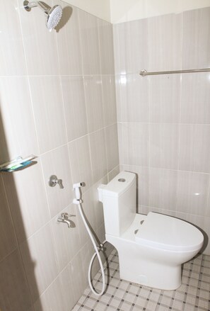 Ein Badezimmer mit Toilette, einer Dusche inklusive Handbrause und einer Haltestange.