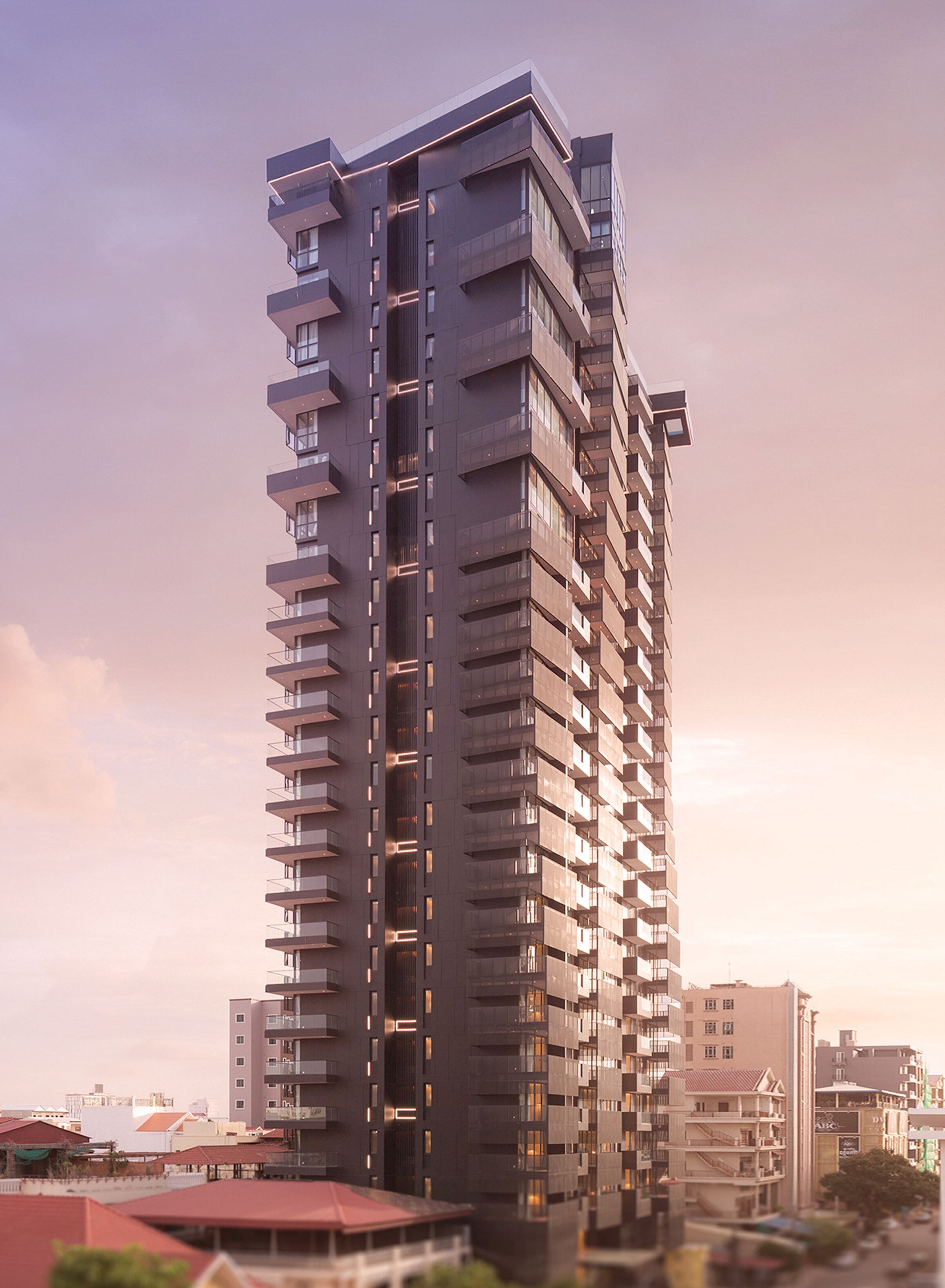 A high-rise building with multiple balconies and a modern architectural design.