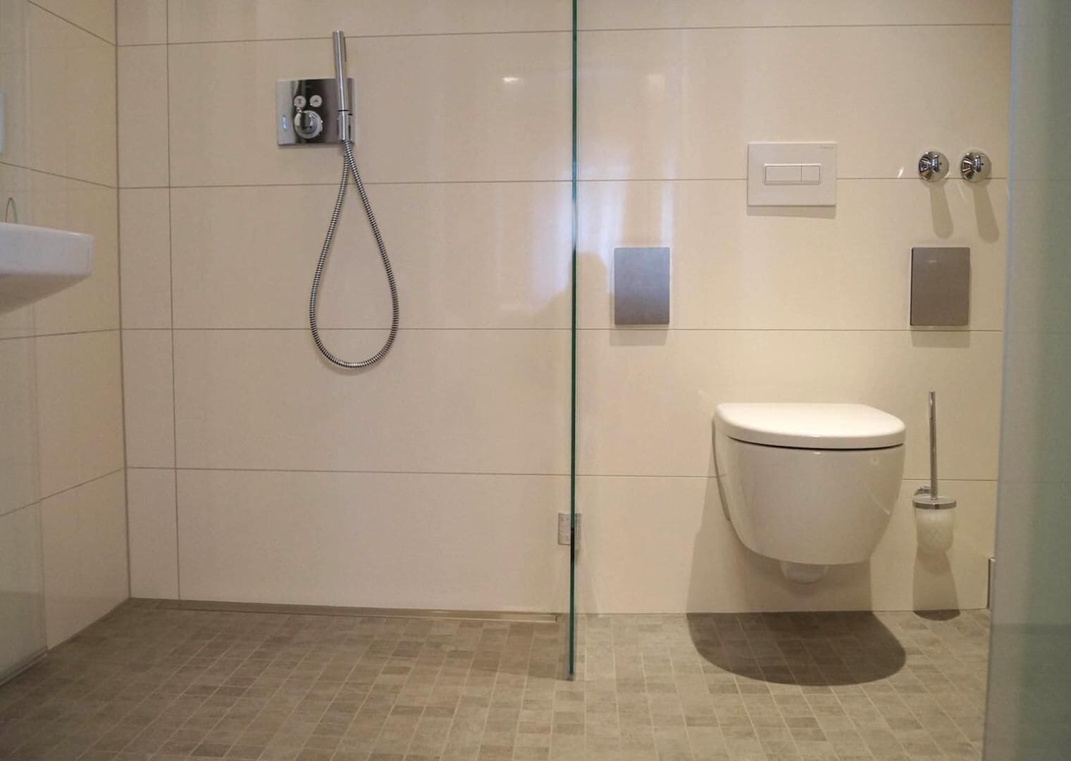 A modern bathroom with a glass shower enclosure, a toilet, and a sink.