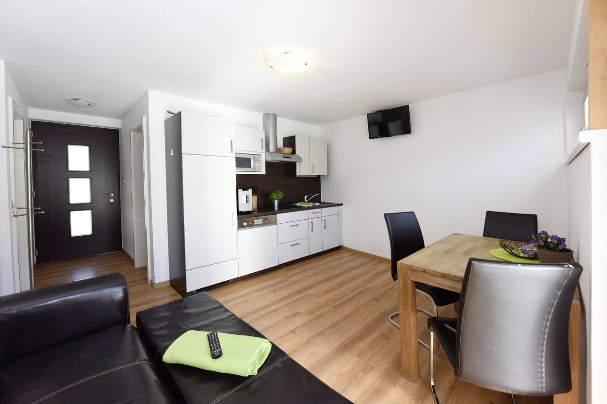 A modern apartment with a kitchen, dining area, and living space.