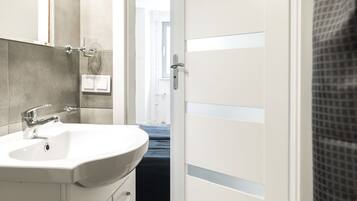 A modern bathroom with a white sink, mirror, and door.
