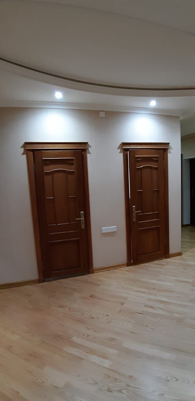 A hallway with two wooden doors and a light fixture above them.