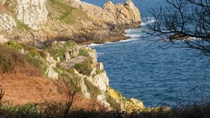 Un paisaje costero con acantilados rocosos y el mar.