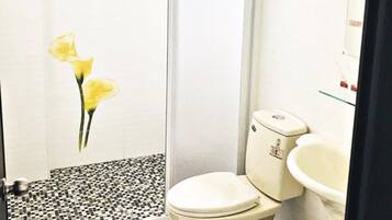 Shower, free toiletries, hair dryer, towels