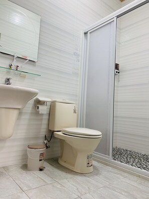 A bathroom with a toilet, a sink, and a shower. - Jinlun Yu foong Homestay (Taimali)