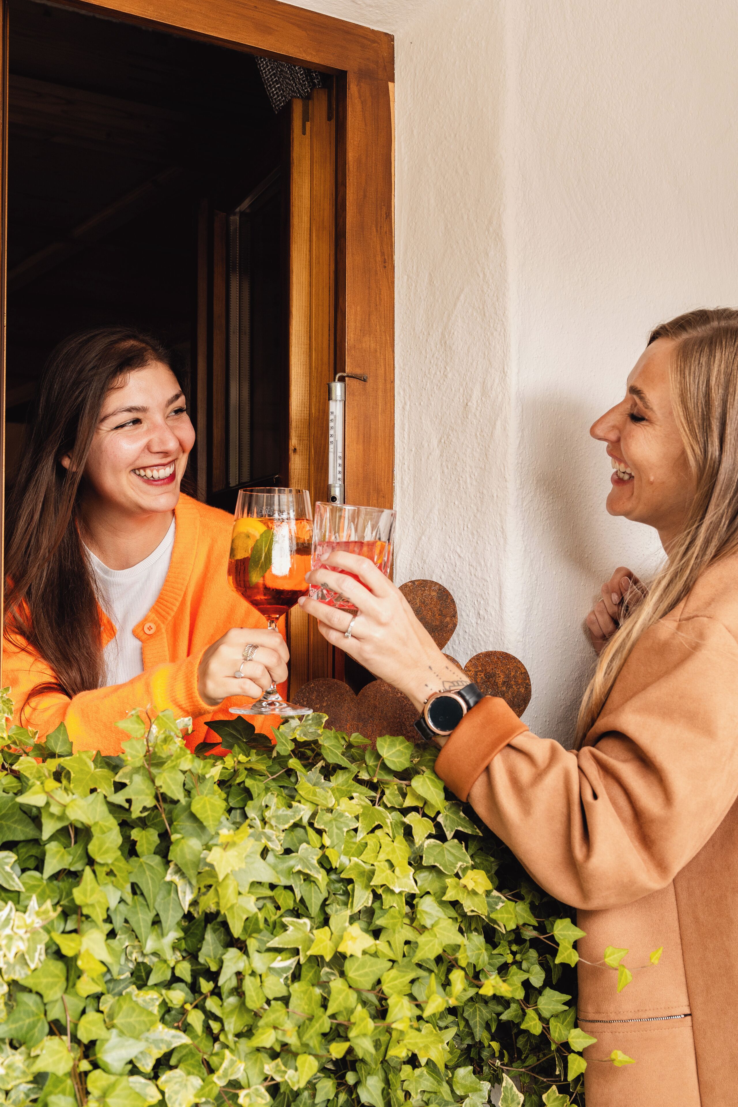 Dos personas brindando con bebidas, una puerta de madera y un seto.