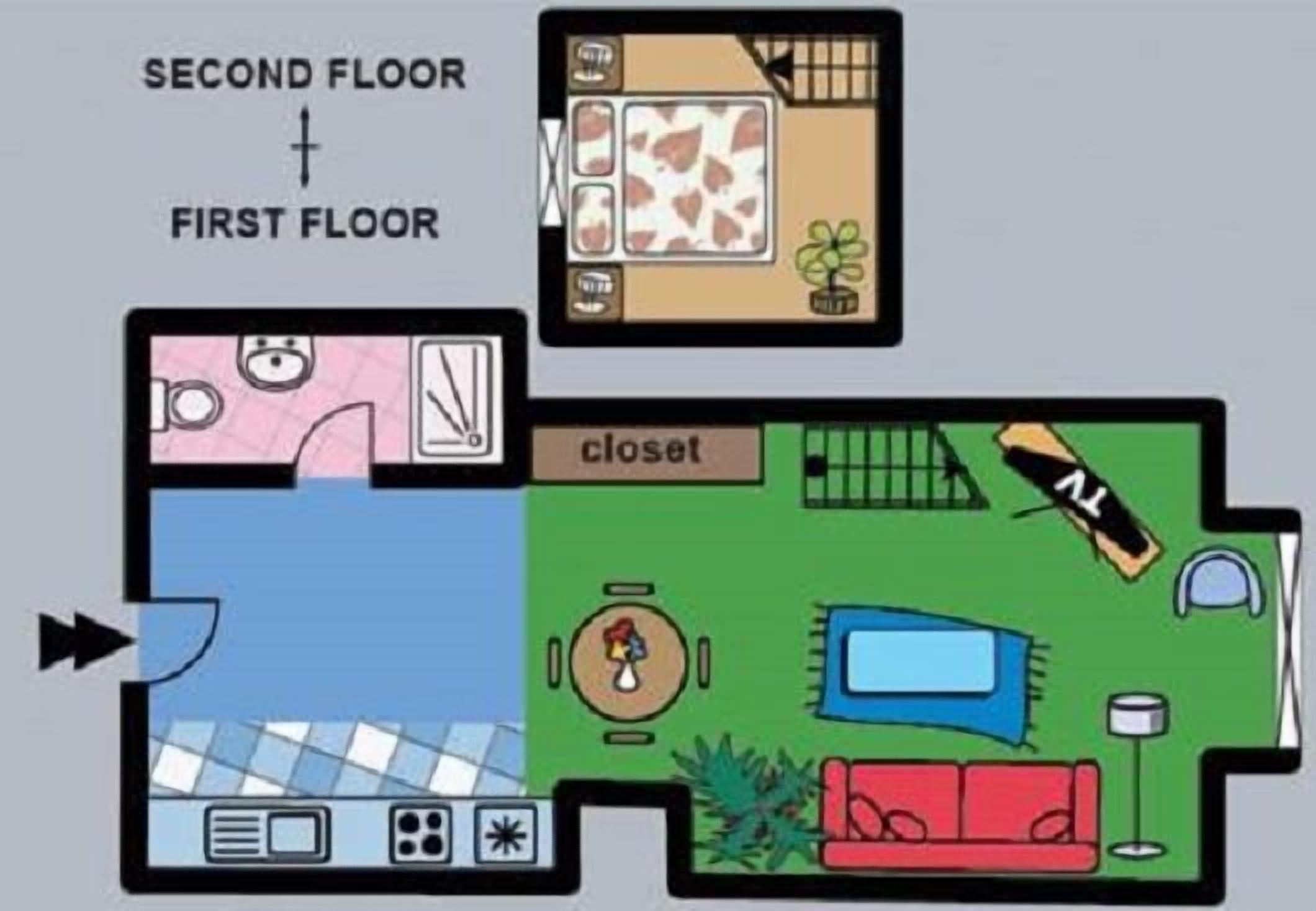 A 2-floor apartment layout with a kitchen, bathroom, closet, and living area.