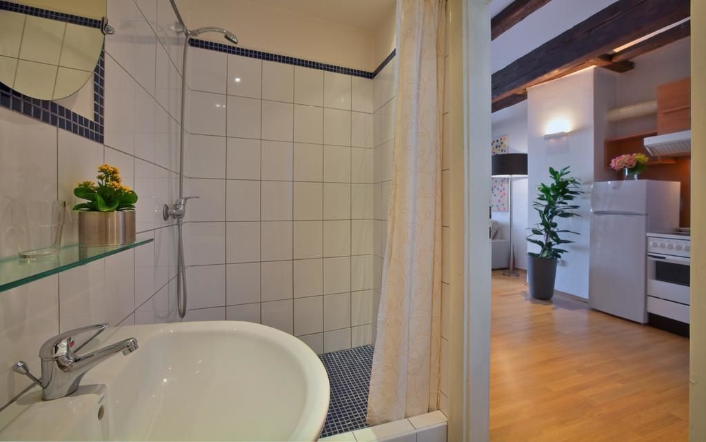 A bathroom with a white sink, a shower, and a glass shelf with a plant.