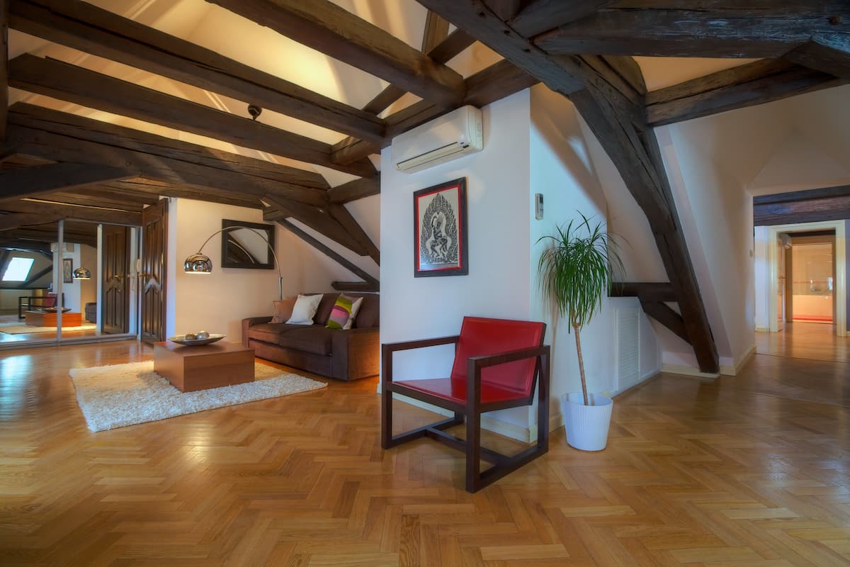 Superior Apartment - Old Town Attic (4th flr, elevator partly yes) | Area soggiorno | TV a schermo piatto, lettore DVD