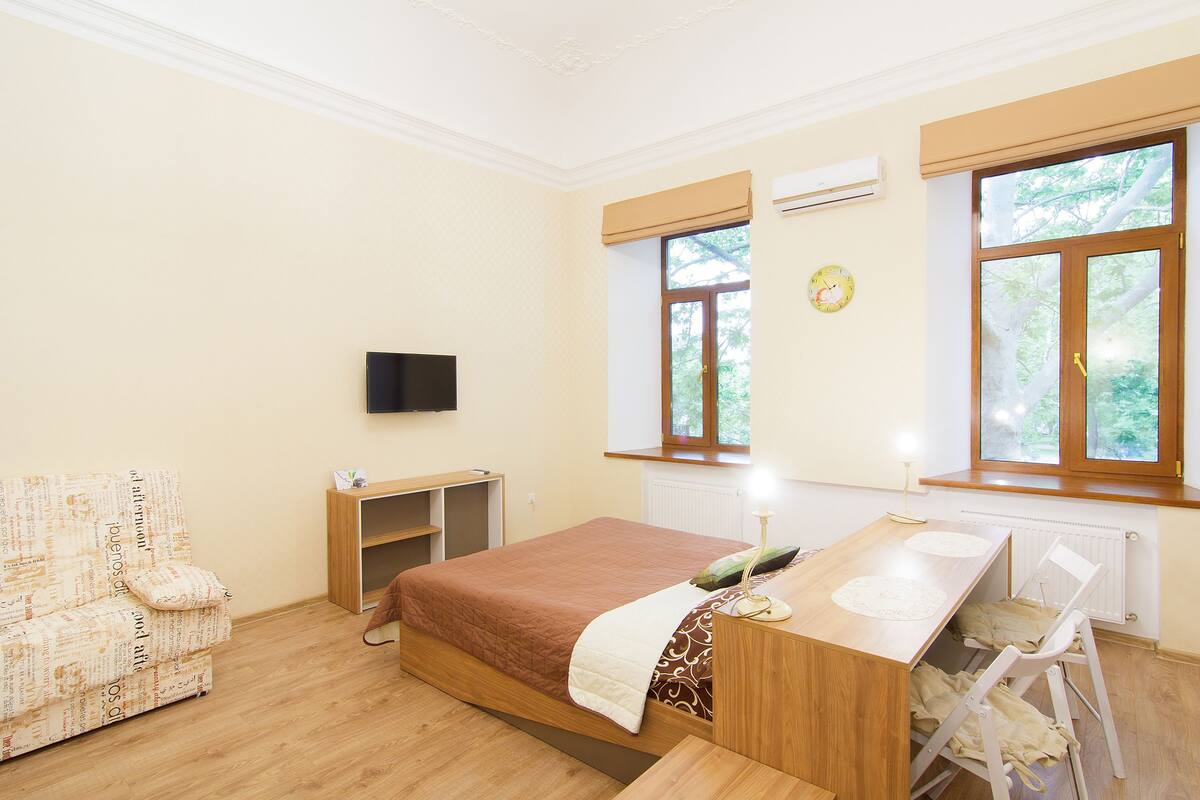 A bedroom with a bed, a desk, a chair, a TV, and windows.