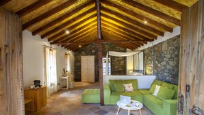 A cozy living area with a green sofa, a small round table, and a laptop. The room features exposed wooden beams, stone walls, and a tiled floor. - Lyhnos (Askas)