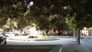 Una plaza pública con una fuente, rodeada de árboles y una acera.