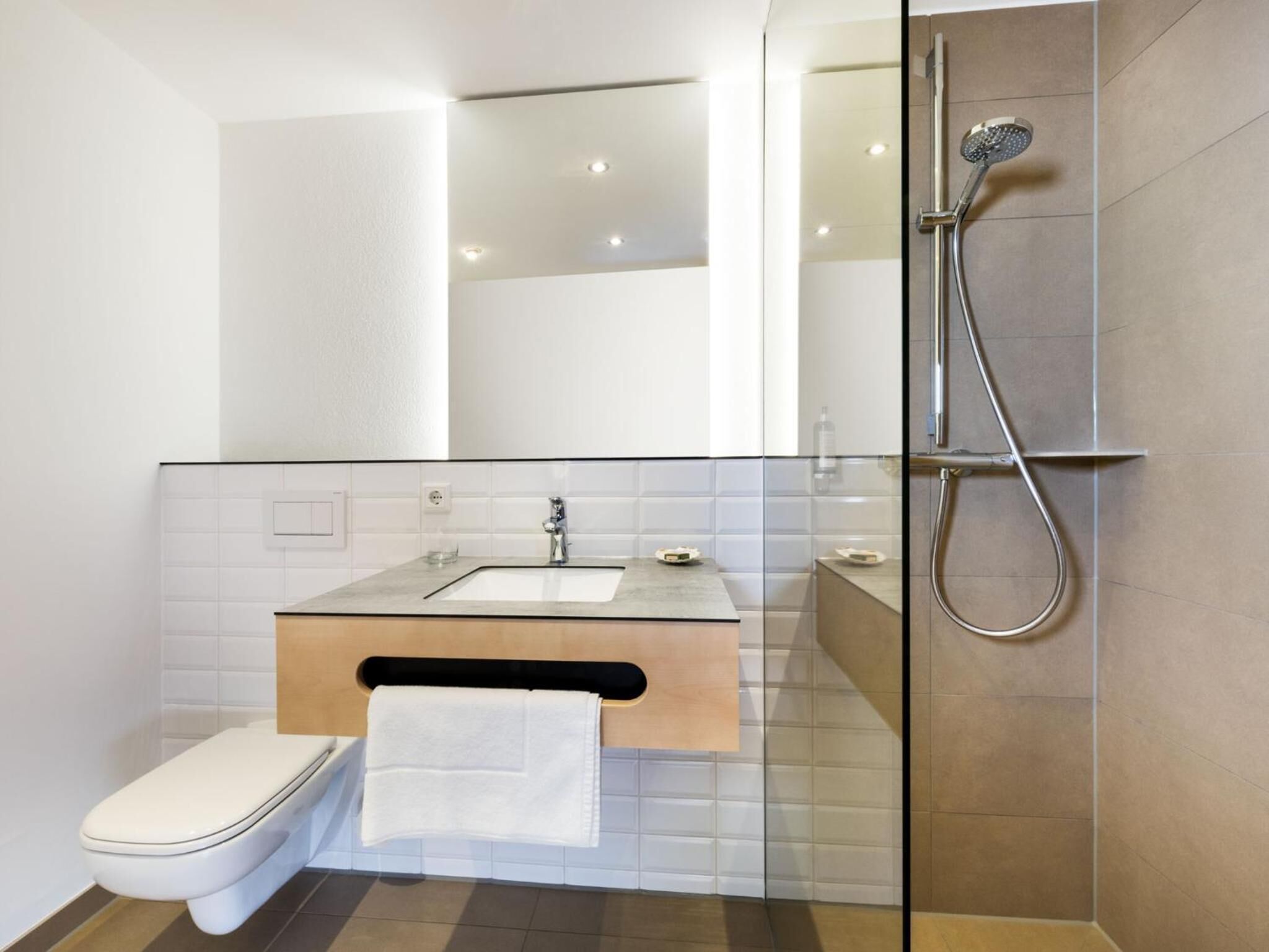 shower, rainfall showerhead, towels, soap