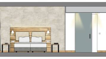 Un dormitorio con una cama grande, mesitas de noche, un armario y una puerta.