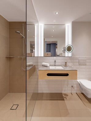 Premium Double Room | Bathroom | Shower, rainfall showerhead, hair dryer, heated floors - Walhalla Hotel Regensburg @ Hoeferer (Tegernheim)
