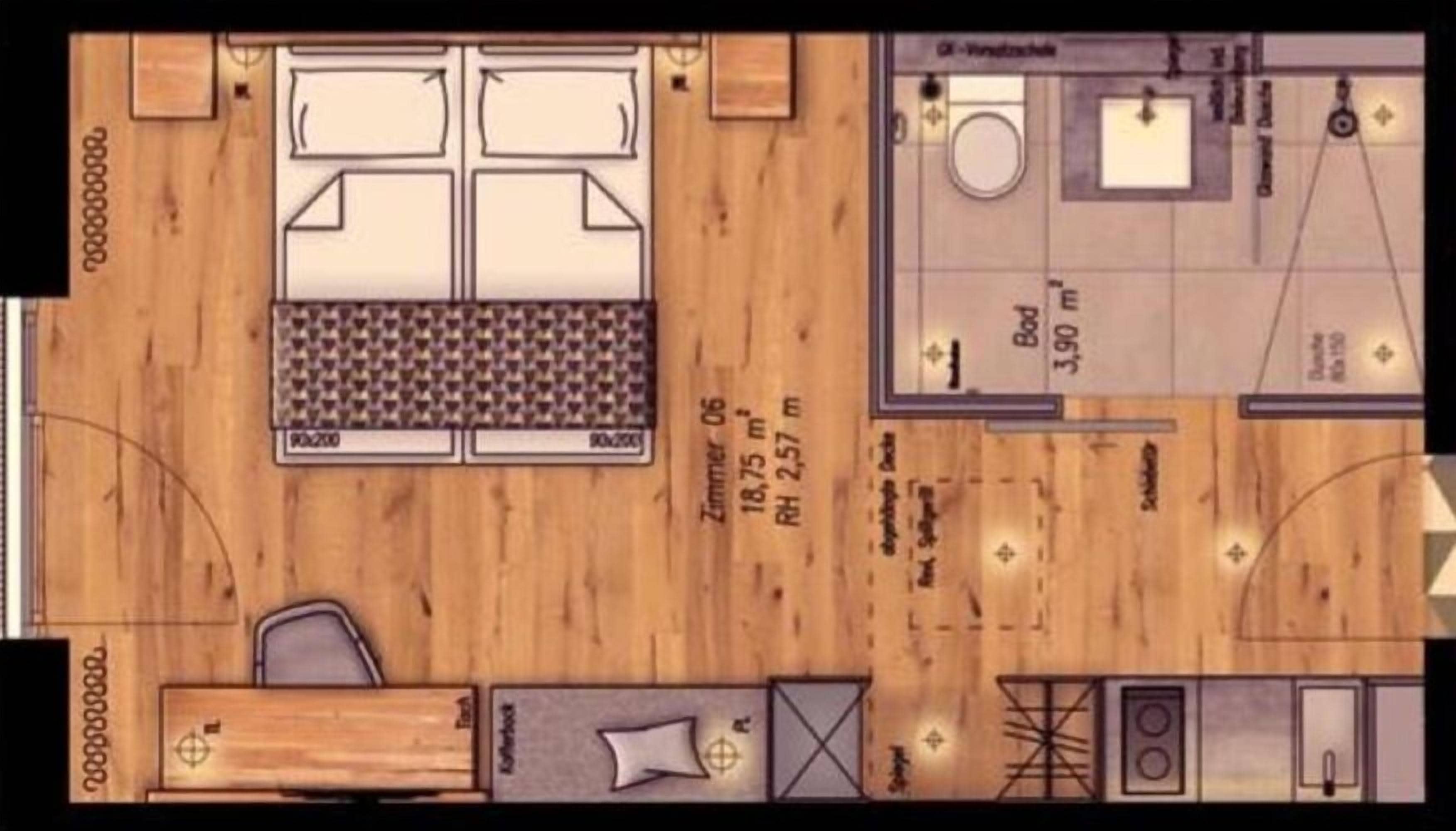 A hotel room layout with a large bed, a small desk, a bathroom, and a kitchenette.