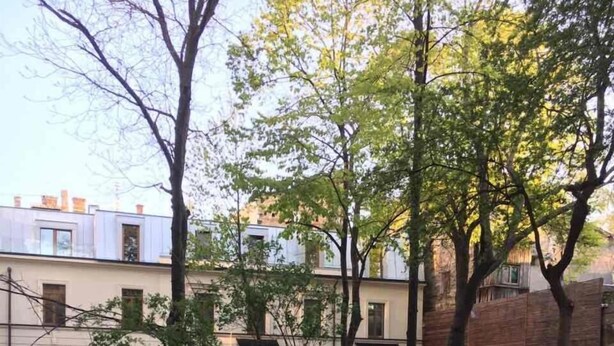 Rua residencial com carros estacionados, árvores e um edifício com várias janelas.