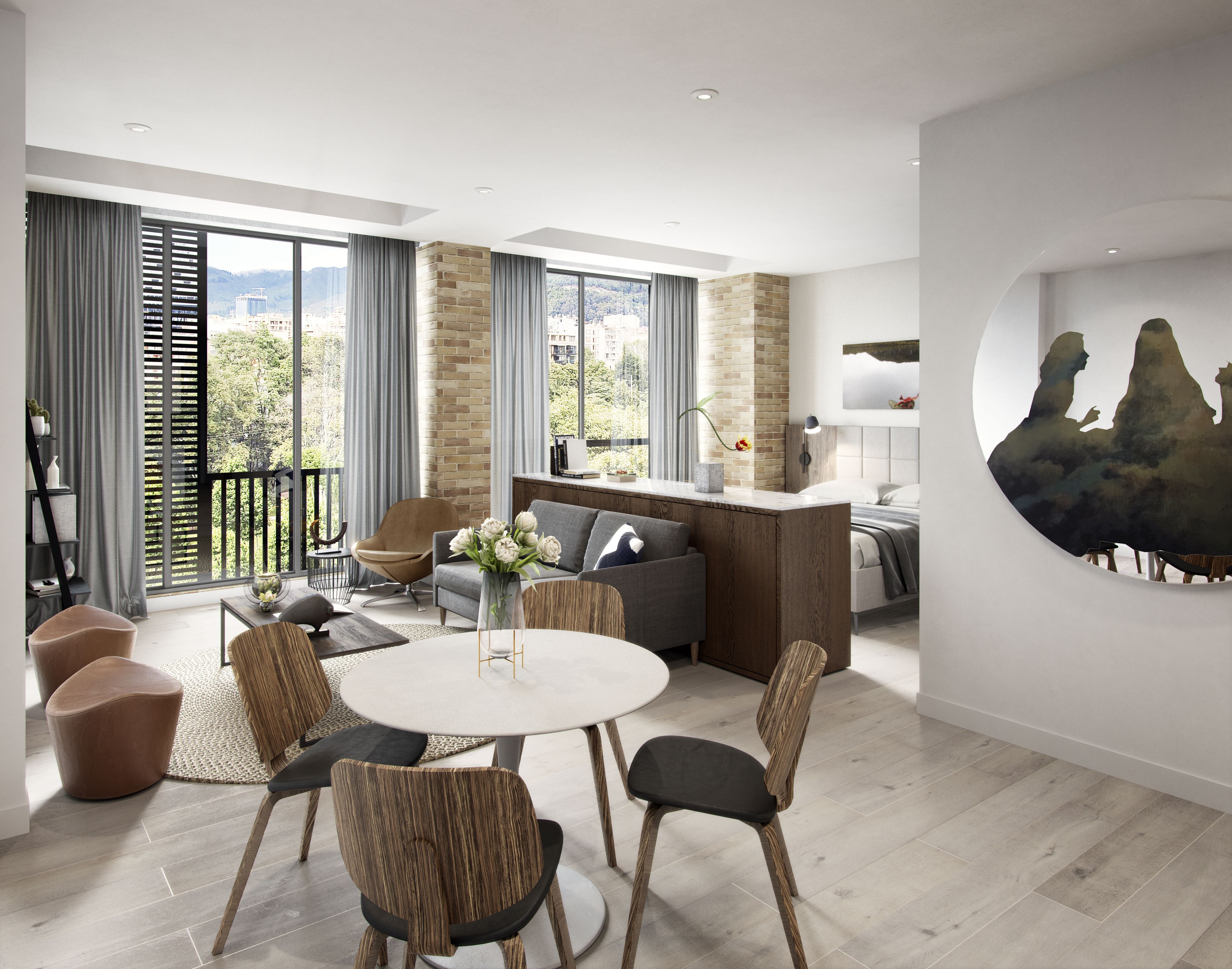 Un salon moderne avec une table à manger ronde, des sièges confortables, un canapé et une grande fenêtre donnant sur la ville.