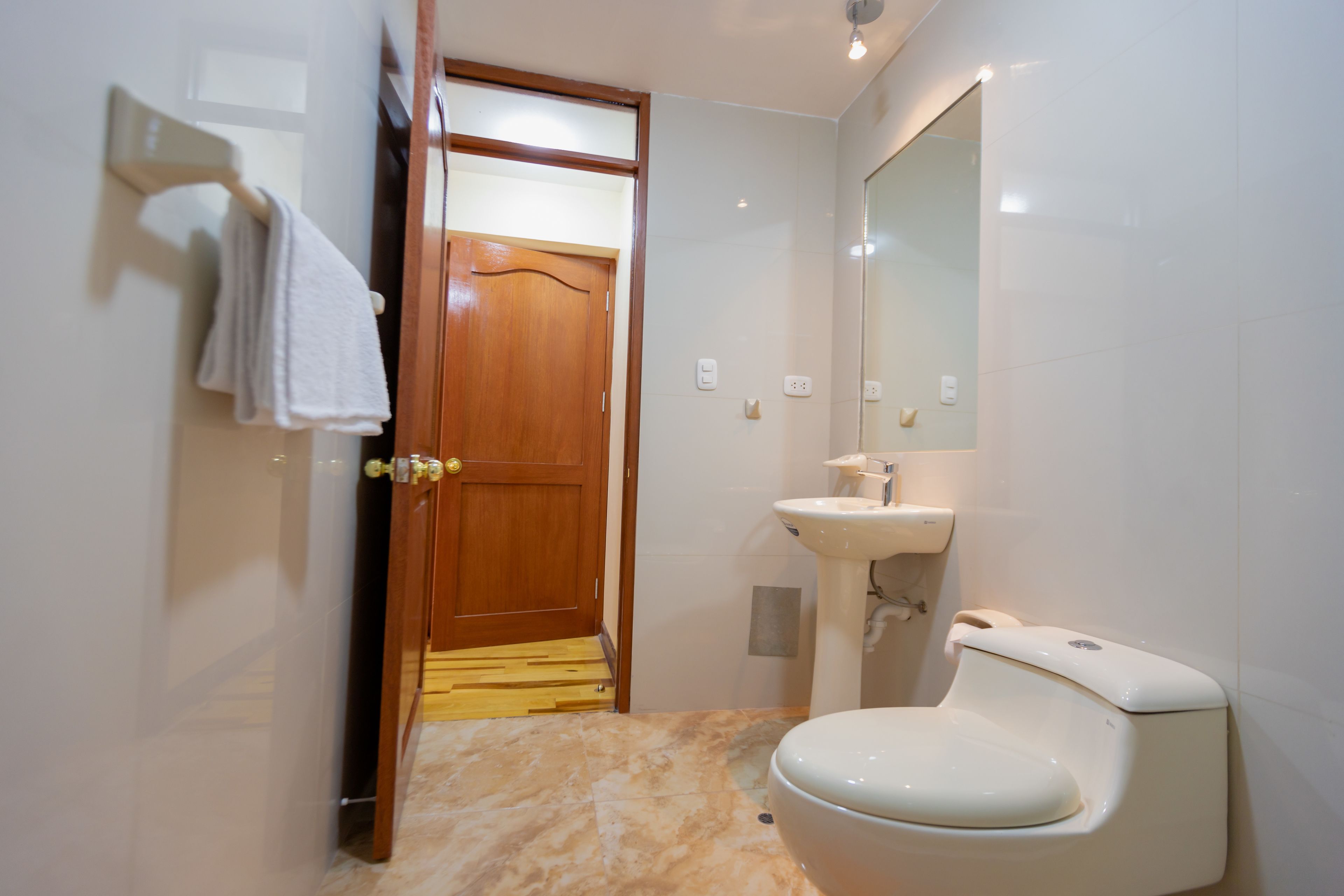 A bathroom with a wooden door, a white sink, and a toilet.
