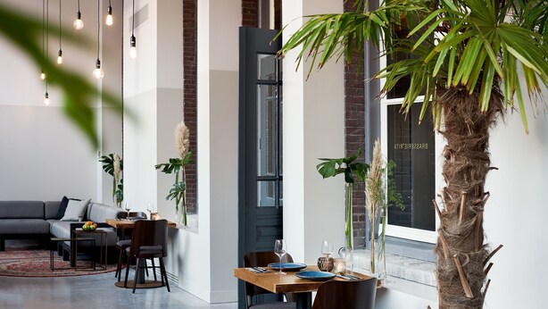 A modern dining area with a wooden table, chairs, and a potted plant. - Mariënhage Boutique Hotel (Eindhoven)